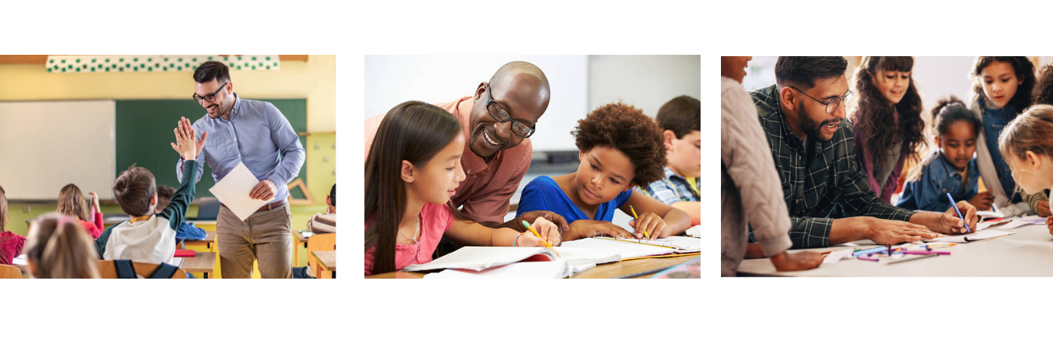 three photo collage of male educators of color in classroom settings